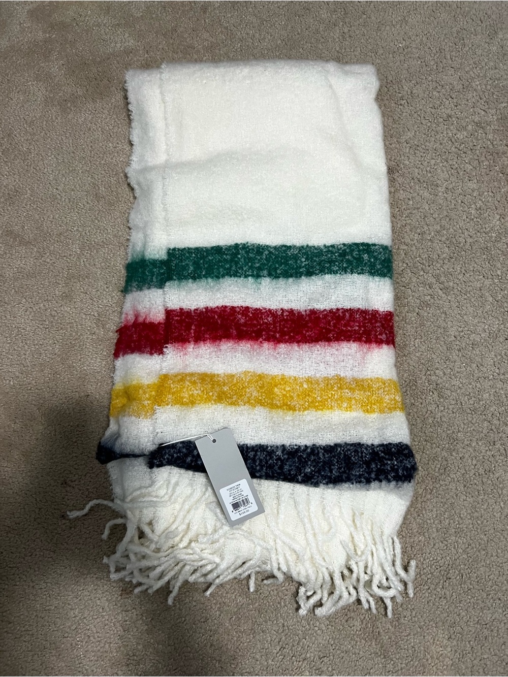 Cozy Striped Fringe Throw Blanket - White with Multi Colored Stripes